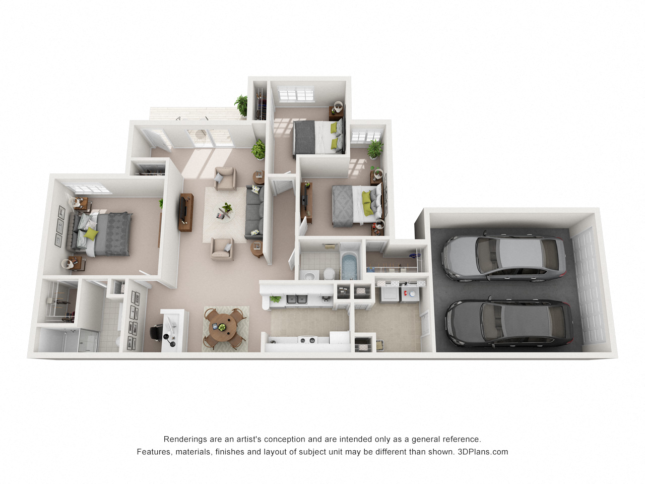 Floor plan for 3 beds, 2 baths, 1413 sqft
